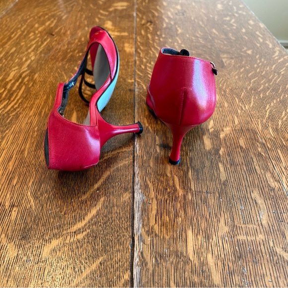 Vintage Red Leather Designer Sandal Heels with Orange Dot Details - Picture 2 of 7